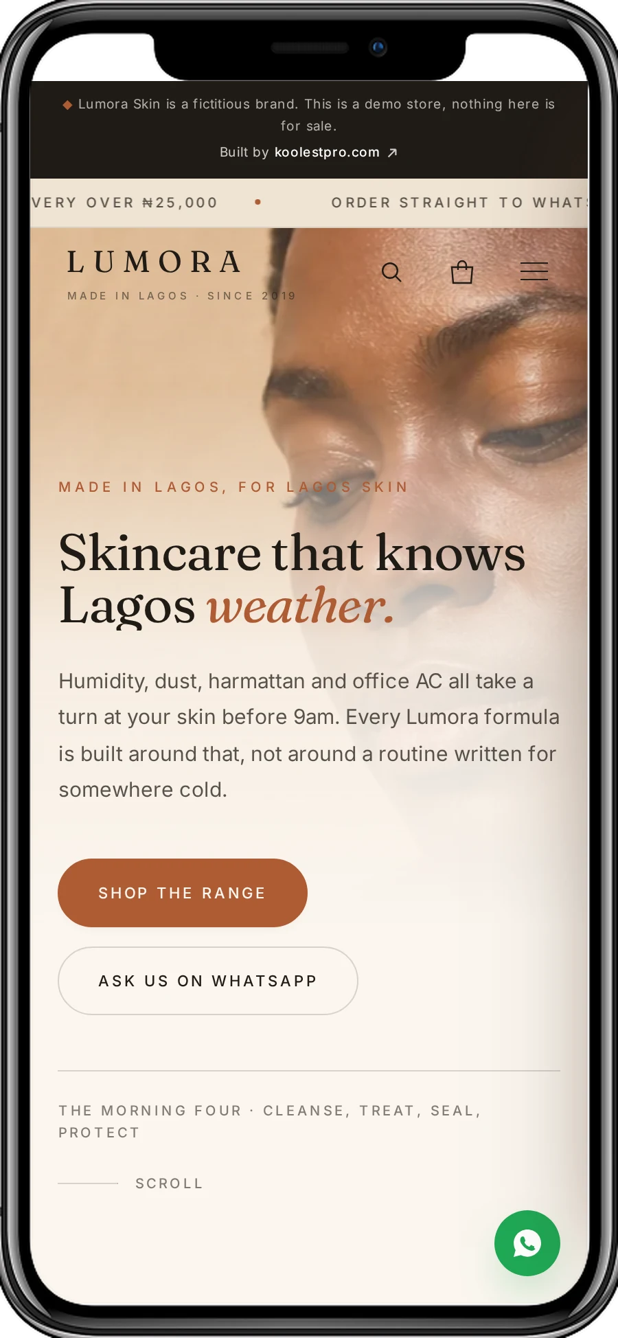 Lumora Skin demo store on a phone