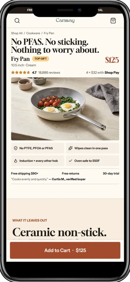 Ceramic fry pan product page, first screen