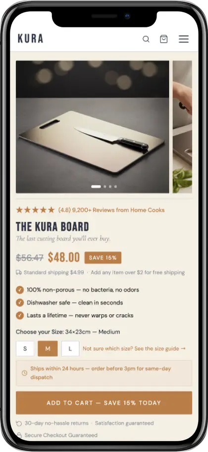 Cutting board product page, first screen