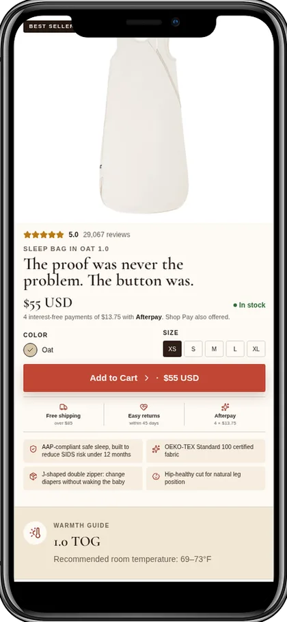 Baby sleep bag product page, first screen